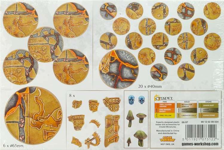 Warhammer Age of Sigmar: Shattered Dominion 40mm & 65mm Round Bases. Обратная сторона коробки.
